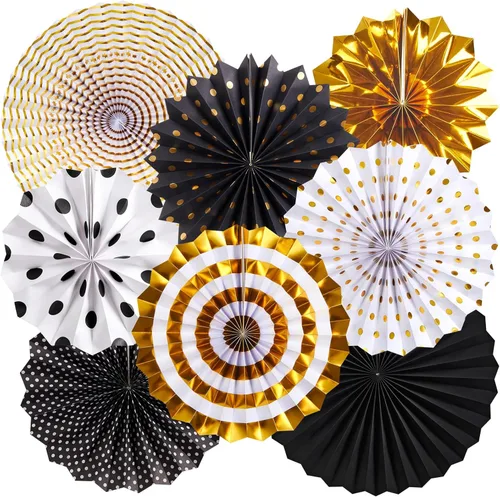 SUNBEAUTY Abanicos de papel dorados y negros para fondo de fiesta de té, boda, primavera, cumpleaños, aula, baby shower, Halloween, decoración