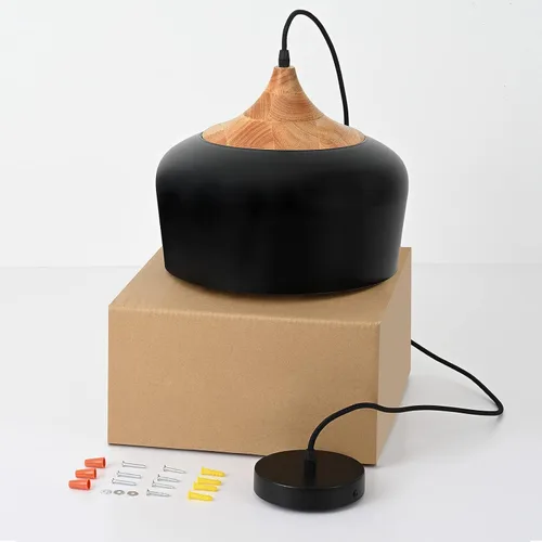 Miniatura 7 de Lámpara colgante industrial negra de 11.8 pulgadas, iluminación colgante de techo ajustable de madera con pantalla de metal en forma de cúpula