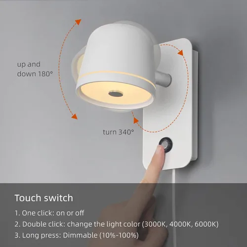 Miniatura 2 de Aisilan Lámpara de pared LED con enchufe con control de atenuación táctil. Lámpara de pared ajustable con ángulo montado en la pared, antirreflejos