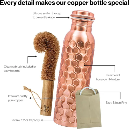 Miniatura 3 de Botella de agua de cobre extra grande de 32 onzas, botella de cobre puro para agua potable, botella ayurvédica de diamante, recipiente a prueba