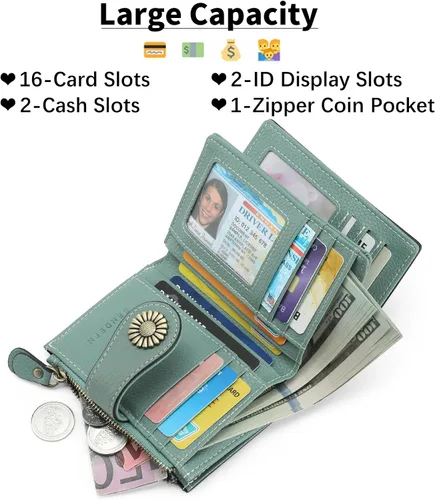 Miniatura 17 de SENDEFN - Billetera pequeña de piel auténtica para mujer, diseño plegable con ventana para tarjeta de identificación