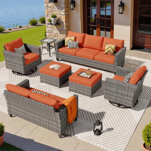 Miniatura 10 de ovios Juego de muebles de patio de 8 piezas, sofá de mimbre para exteriores con sillas giratorias, mecedora con cojines cómodos, juego de Beige