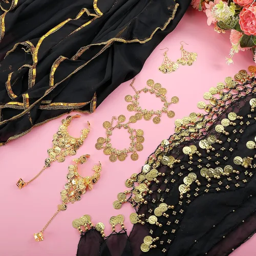 Miniatura 26 de Haysandy Conjunto de 8 piezas de danza del vientre para mujer, falda de danza del vientre, bufanda de cadera, 2 pulseras, aretes, pulsera de tobillo