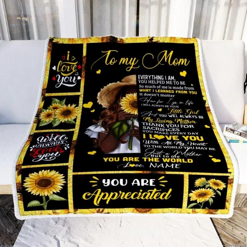 Miniatura 2 de Manta de vellón personalizada con texto en inglés «To My Mom», diseño de girasol de hija e hijo, carta de amor con texto en inglés «You are the