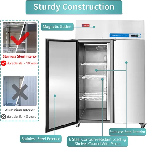 Miniatura 5 de WESTLAKE Congelador comercial de 48 pulgadas de ancho 2 puertas de 2 secciones de acero inoxidable Alcance en puerta sólida Ventilador Refrigeración