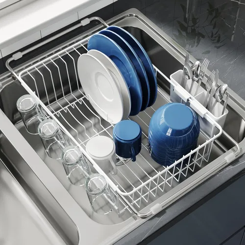 Miniatura 18 de JASIWAY - Escurridor extensible de acero inoxidable para usar sobre fregadero, encimera de cocina y dentro del fregadero, con portautensilios