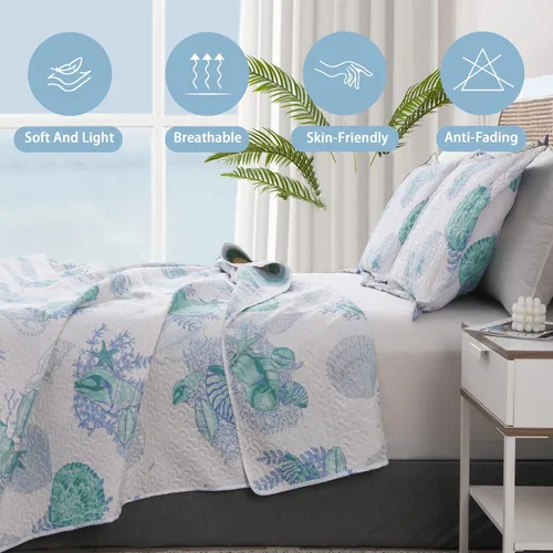 Miniatura 3 de Hailea Edredón oceánico tamaño matrimonial/queen, ropa de cama costera ligera para verano, playa, colcha náutica, conchas de mar azul, sábana con 2