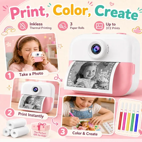 Miniatura 2 de Cámara selfie para niños con impresión instantánea frontal y trasera, regalos de Navidad y cumpleaños para niñas de 3 a 12 años, juguetes portátiles