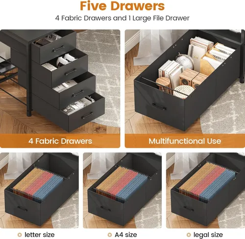 Miniatura 6 de SEDETA Escritorio para computadora de 75'' con 5 cajones, toma de corriente y luces LED, escritorio de oficina en casa con cajón de archivos, Negro