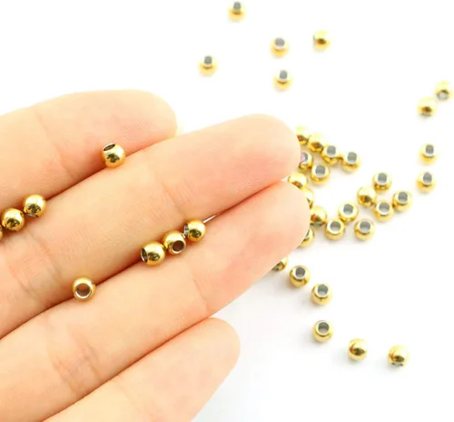 Miniatura 3 de Paquete de 50 cuentas espaciadoras doradas de acero inoxidable 304, cuentas espaciadoras redondas lisas con agujero de 0.079 pulgadas, cuentas
