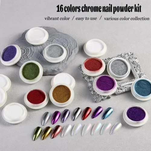 Miniatura 3 de Fcozpjk Juego de polvos cromados para uñas, 16 colores, efecto metálico para uñas, dorado, plateado, rosa, azul, violeta, verde, rojo, polvo cromo