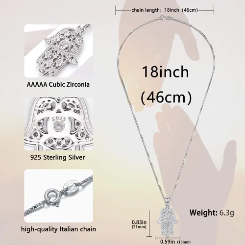 Miniatura 6 de Aniu Collar de plata de ley 925 para mujer colgante de mano de Fátima con circonita cúbica viene con caja de regalo de joyería negra y cadena de 18