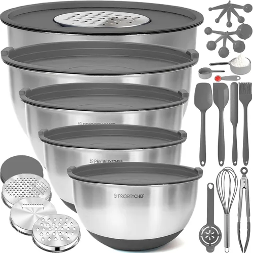 Miniatura 11 de Priority Chef Juego de Tazones para Mezclar de Acero Inoxidable con Tapas, Tazones de Metal Anidables con Tapas Herméticas, Ralladores, Base