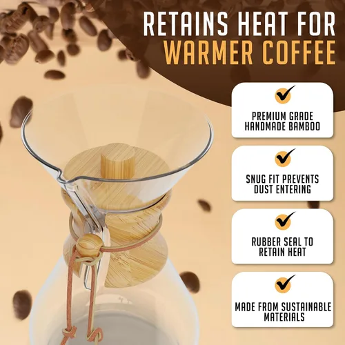 Miniatura 4 de HEXNUB - Tapa de retención de calor de bambú para cafetera Chemex Accesorio para jarra para cafeteras Bodum y Cosori, mantiene el café caliente