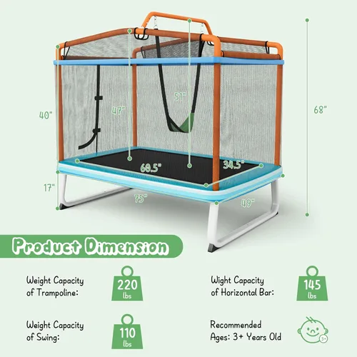 Miniatura 6 de Giantex - Cama elástica de 6 pies rectangular con columpio, cama elástica mini para niños aprobada por ASTM con red, barra horizontal, cierres