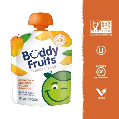Miniatura 3 de Buddy Fruits Snacks To Go Puré de manzana sin azúcar de mango sin azúcar, bolsa de 3.2 onzas (18 unidades) sin gluten, frutos secos, conservantes