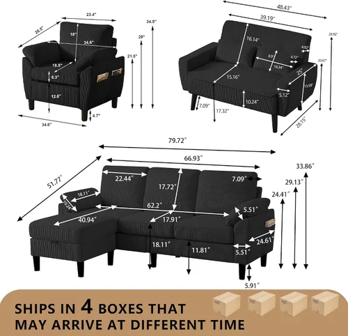 Miniatura 2 de Juego de sofá de pana moderno de 4 piezas, sofá modular en forma de L con otomana de almacenamiento, sofá biplaza y silla individual con bolsillos