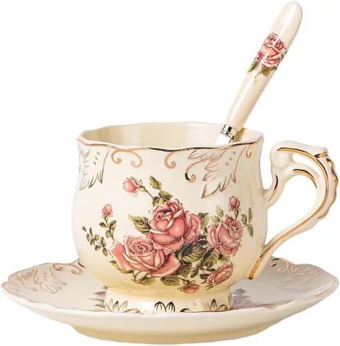 Miniatura 9 de YOLIFE Juego de taza de té y platillo, juego de taza de té de 8 oz, taza de té, taza de té de cerámica con platillo y cuchara, arbustos florecidos