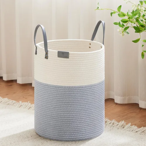Miniatura 15 de VIPOSCO Cesta alta para ropa sucia, cesta grande para ropa sucia con mango de cuero, cesta de almacenamiento de cuerda tejida para manta, juguete