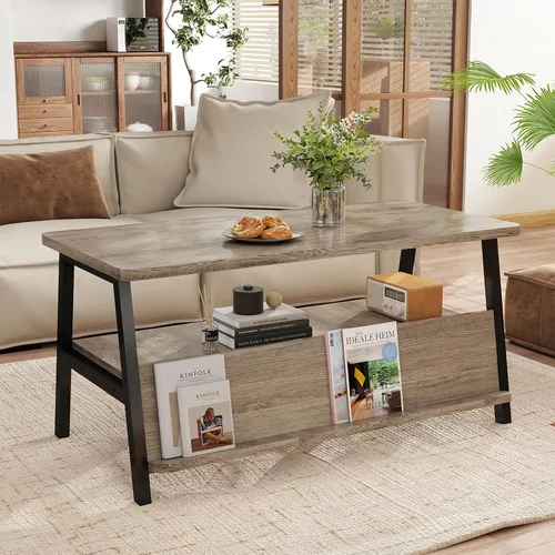 Miniatura 2 de GOODONE Mesa de centro de 2 niveles para sala de estar, mesa de centro pequeña con estante de almacenamiento y estantería, mesa central para sala