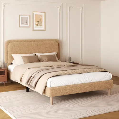 Miniatura 8 de Marco de cama tapizado Boucle de tamaño matrimonial con cabecera ajustable, cama de nube suave, no necesita somier, fácil montaje, sin ruido