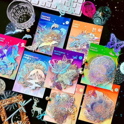 Miniatura 6 de Aromoty Celestial - Juego de 180 calcomanías holográficas de lámina dorada con 4 temas, resina, transparente, impermeable, fantasía, vintage, Mundo