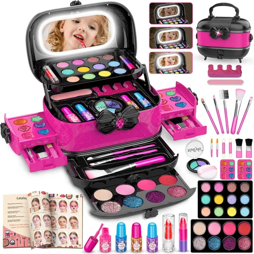 Miniatura 11 de Hollyhi Kit de Maquillaje de 58 Piezas para Niñas, Juguetes de Princesa, Set de Cosméticos Reales Lavables con Espejo, Sets de Maquillaje