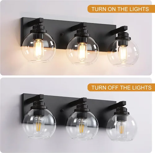 Miniatura 7 de LmnLvn Lámparas de baño, 3 luces de tocador de color negro mate, modernas lámparas de baño sobre espejo, luces de tocador de granja con pantalla
