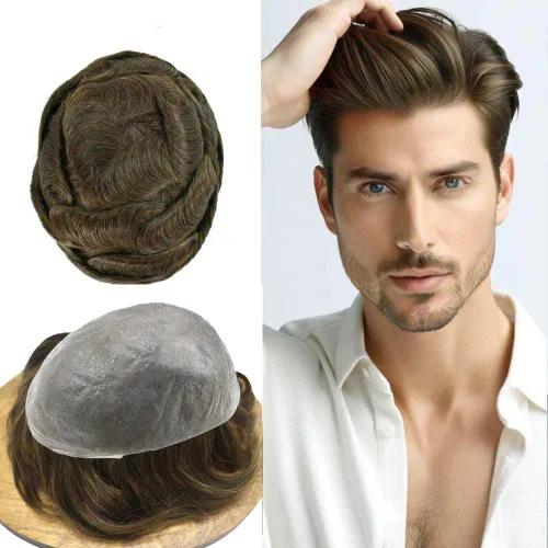 Miniatura 22 de Tupé para hombre, extensiones de cabello humano Remy para hombre, piel fina, 0.002 in, sistema de reemplazo de cabello con bucle en V para hombres
