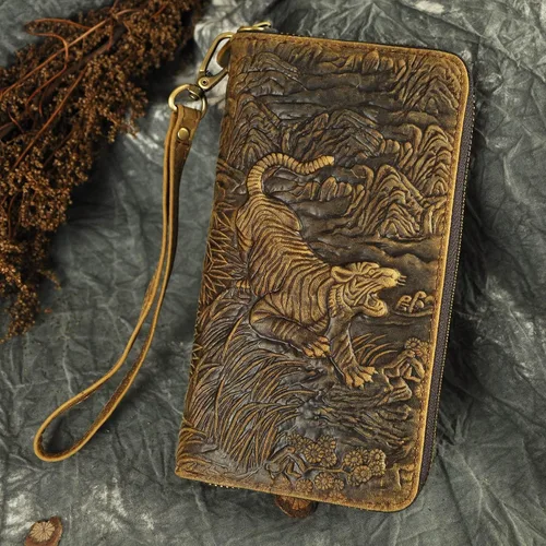 Miniatura 2 de Le'aokuu Unisex calidad cuero genuino cadena embrague mano bolso organizador monedero chequera cremallera cartera 1016, Tigre W1016, Cartera