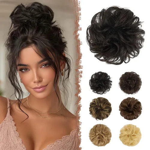 Miniatura 18 de FESHFEN Moños Desordenados Humanos - Moño de Cabello Humano 100% Real Coleteros Scrunchies Piezas de Cabello Extensiones de Cola de Cabello Ondulado