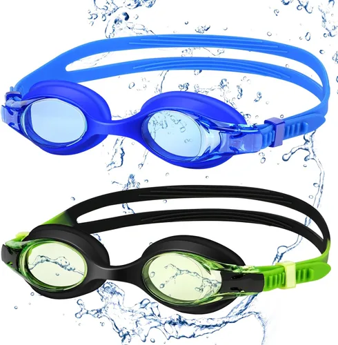Kids Swim Goggles 2 Pack, Anti Fog No Leak Swimming Goggles for Boys Girls Ages 6-14, Wide View Swim Goggles Kids