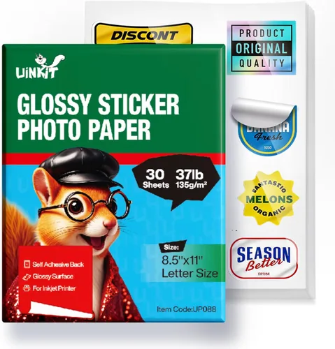 Miniatura 10 de Uinkit 100 hojas de papel fotográfico con etiquetas adhesivas brillantes imprimibles de 8.5 x 11 pulgadas, hoja completa de inyección de tinta