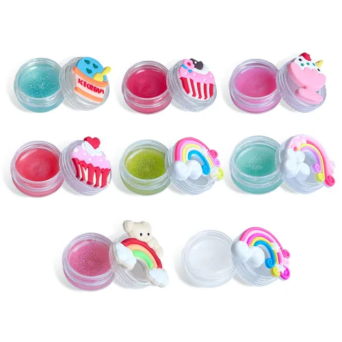 Mebtmel 8 piezas de brillo labial lindo para niñas, set de bálsamo labial para regalos de fiesta para niños, sabores surtidos afrutados con diseños