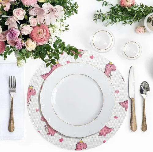 Miniatura 5 de Cute Pink Cartoon Dinosaurs Dinner Table Placemats, Heat Resistant Non Slip PVC Placemats Round for Kitchen one sizex4