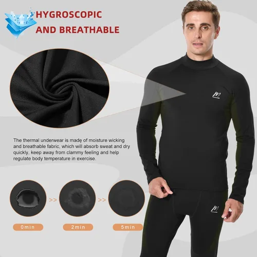 Miniatura 4 de Men's Fleece Lined Long Johns Base Layer Set Top Bottom for Ski Running Cold Weather