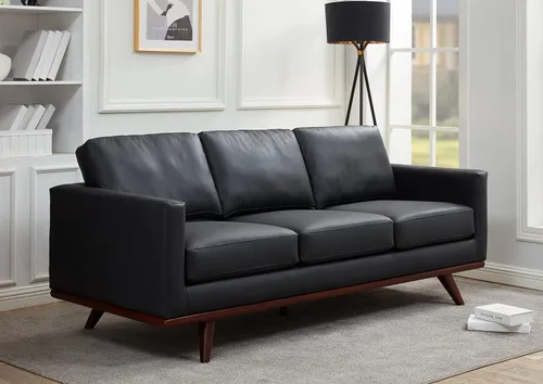 LeisureMod Chester - Sofá moderno de cuero de 3 plazas con base de madera de abedul, sofá de sala de estar de mediados de siglo, 33.46 pulgadas de