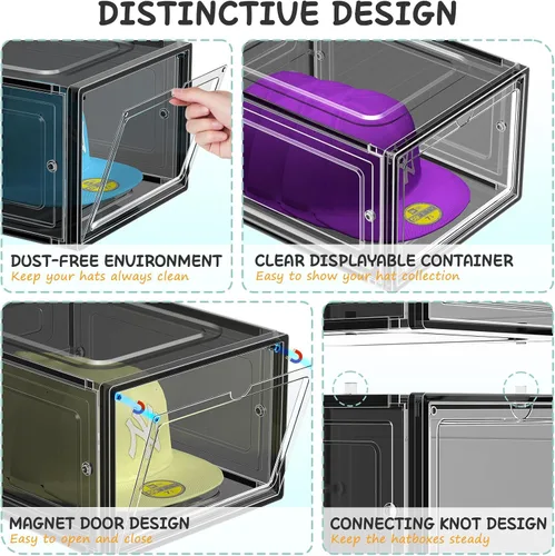 Miniatura 4 de SCAVATA Paquete de 6 Cajas Organizadoras de Sombreros, Cajas Contenedoras Apilables Transparentes para Gorras de Béisbol con Puerta Magnética