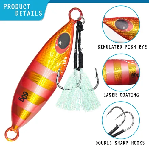 Miniatura 4 de 5 piezas de plantillas de pesca de agua salada, señuelos de pesca verticales de tono lento de metal con ganchos de asistencia, anzuelos de pesca