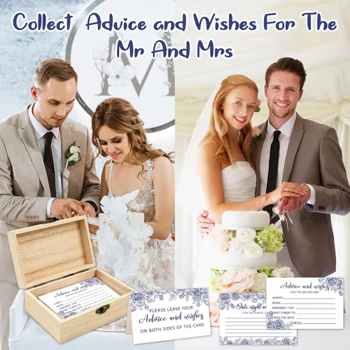 Miniatura 5 de Consejos y deseos para el señor y la señora 50 tarjetas de consejos de boda florales azules, tarjetas de consejos y deseos para decoraciones