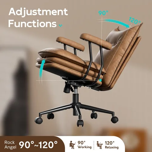 Miniatura 7 de Silla de oficina marrón con asiento ancho grueso de triple capa, silla de escritorio de cuero con respaldo medio con ruedas y brazos, silla