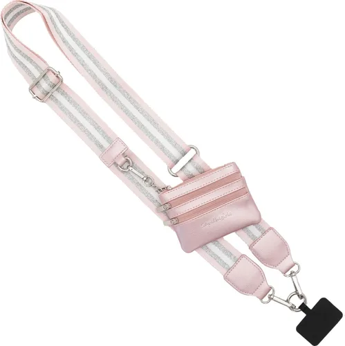 Save the Girls Correa original para teléfono Clip and Go (rayas, rosa/plateado/blanco, bolsa rosa), cadena cruzada para teléfono con bolsa de