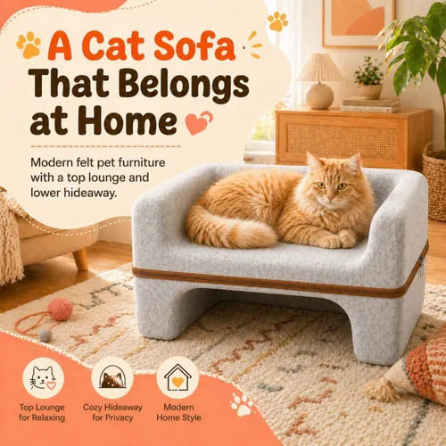 Miniatura 2 de Cama grande para gatos de interior, cama cueva para gatos de 2 niveles con salón superior y escondite inferior, sofá lavable de fieltro PET