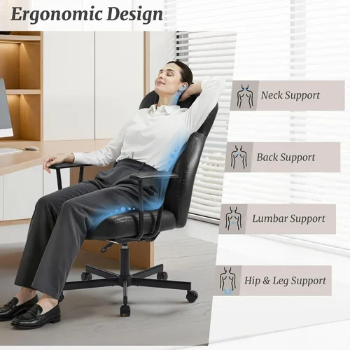 Miniatura 3 de Cozyman Silla ergonómica de piel sintética para oficina en casa, silla de escritorio ejecutiva de respaldo alto con cojín de 5 capas, respaldo Negro