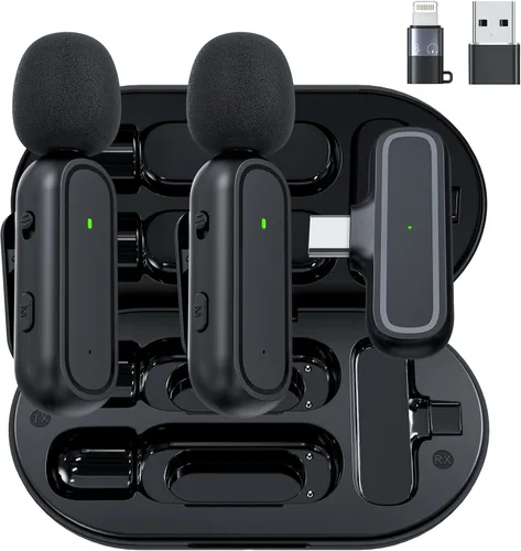 Paquete de 2 micrófonos inalámbricos Lavalier para iPhone y Android, micrófono con clip de reducción de ruido Plug and Play con funda de carga, para