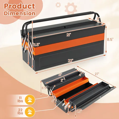 Miniatura 4 de S AFSTAR Caja de herramientas de 22 pulgadas, caja de herramientas de metal de 3 capas con 5 bandejas, asas de longitud completa y diseño de agujero