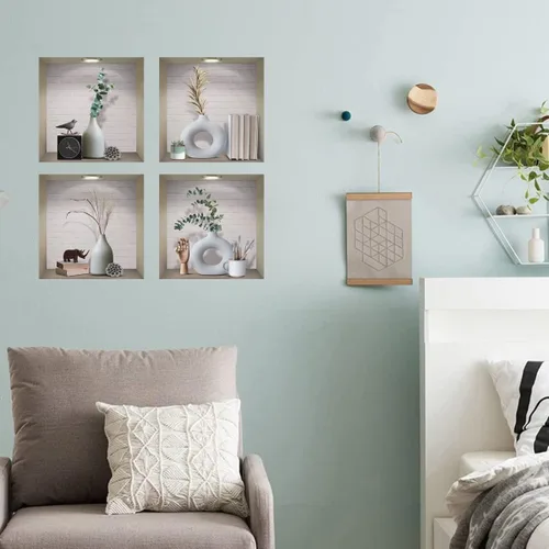 Miniatura 2 de IARTTOP Calcomanía mágica de pared de jarrón 3D, elegante calcomanía de pared de jarrones blancos, calcomanías de plantas verdes vintage