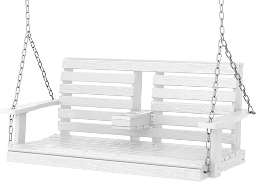 Miniatura 37 de KINGYES Columpio colgante para porche al aire libre, silla de columpio de patio de 2 asientos con portavasos, banco impermeable para patio y jardín