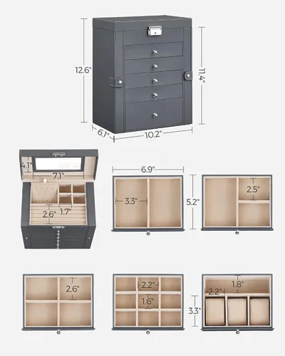 Miniatura 7 de SONGMICS Joyero de 6 niveles joyero con 5 cajones gran capacidad de almacenamiento con espejo bloqueable organizador de almacenamiento de joyas
