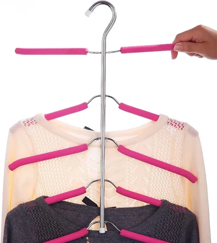 Miniatura 7 de Paquete de 3 perchas de ropa 5 en 1 que ahorran espacio cromadas y de espuma para blusas, árboles, perchero de ropa antideslizante de acero